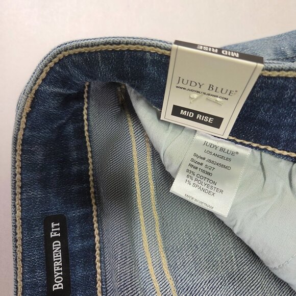 Judy Blue Boyfriend Fit Distressed Jeans Mid Rise Double Cuff Womens 5/27 New - Picture 7 of 13
